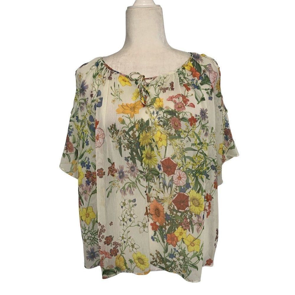 Zara womens white yellow red orange floral short sleeve sheer blouse top small